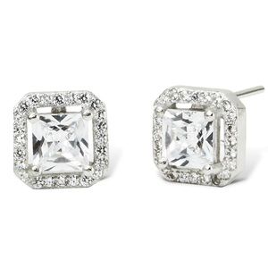 SAVVY CIE JEWELS Sterling Silver Asher Cut Halo CZ Stud Earrings